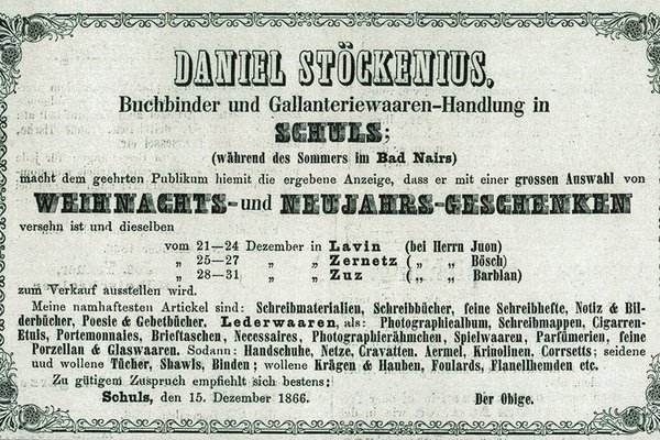 Inserat 1865 Papeterie Spielwaren Souvenirs Bücher